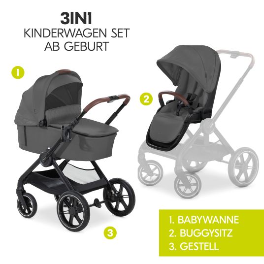 Hauck 3in1 Kinderwagen-Set Walk N Care Trio Set inkl. i-Size Babyschale Drive N Care & XXL Zubehörpaket - Dark Grey