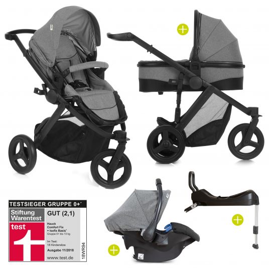 Hauck 4in1 Kinderwagen-Set Maxan 3 Plus inkl. Babyschale Comfort Fix und Isofix Basis - Melange Stone