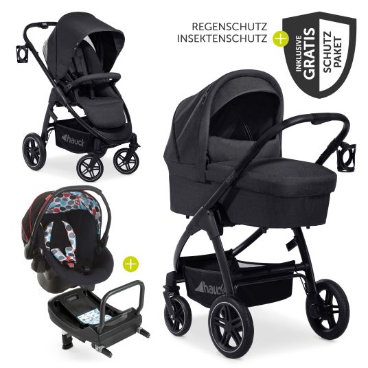 Hauck Set di passeggini 4in1 Saturn R Duoset (capacità di carico fino a 25 kg) con seggiolino auto per bambini, base Isofix e pacchetto accessori XXL - Nero Melange