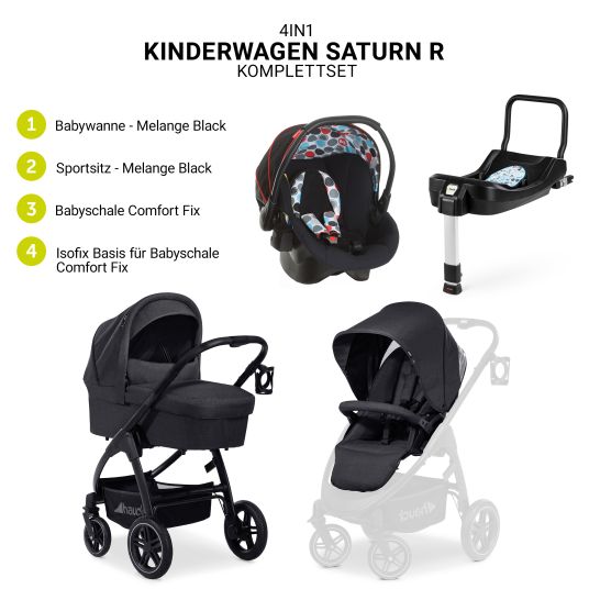 Hauck Set di passeggini 4in1 Saturn R Duoset (capacità di carico fino a 25 kg) con seggiolino auto per bambini, base Isofix e pacchetto accessori XXL - Nero Melange