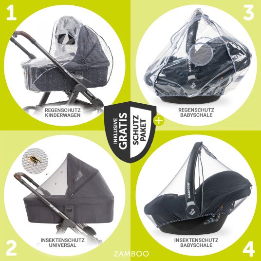 Hauck Set di passeggini 4in1 Saturn R Duoset (capacità di carico fino a 25 kg) con seggiolino auto per bambini, base Isofix e pacchetto accessori XXL - Nero Melange