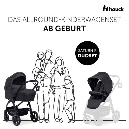 Hauck Set di passeggini 4in1 Saturn R Duoset (capacità di carico fino a 25 kg) con seggiolino auto per bambini, base Isofix e pacchetto accessori XXL - Nero Melange