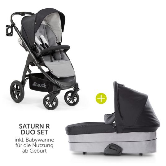 Hauck 4in1 Kinderwagen-Set Saturn R Duoset inkl. Babyschale, Isofix Basis, Regenschutz und Insektenschutz - Caviar Stone
