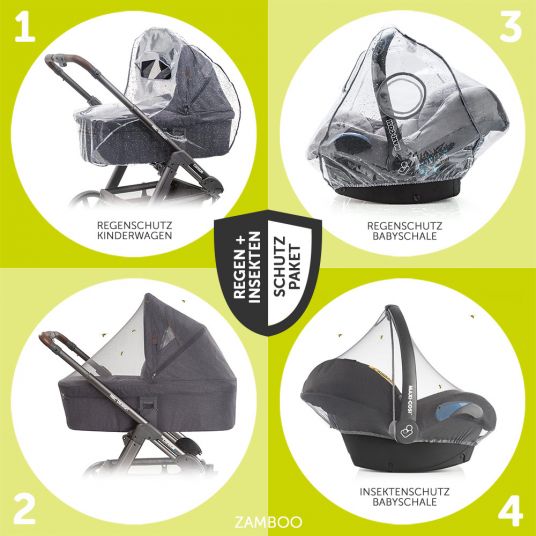 Hauck Set di passeggini 4in1 Saturn R Duoset con porta bebè, base Isofix, parapioggia e zanzariera - Denim Silver