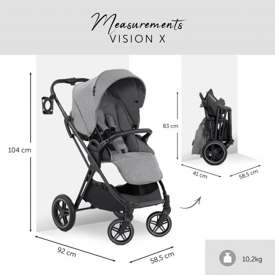 Hauck 4in1 Kinderwagen-Set Vision X - Black inkl. i-Size Babyschale, Isofix Basis und XXL Zubehörpaket - Melange Grey