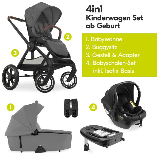 Hauck Set di passeggini 4in1 Walk N Care Air Trio Set con seggiolino auto i-Size e base Isofix e set di accessori XXL - Grigio scuro