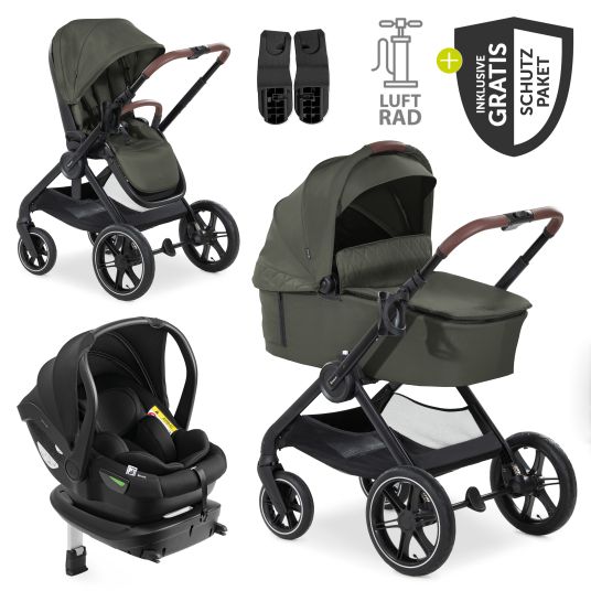 Hauck Set di passeggini 4in1 Walk N Care Air Trio Set con seggiolino auto i-Size e base Isofix e set di accessori XXL - Oliva scura