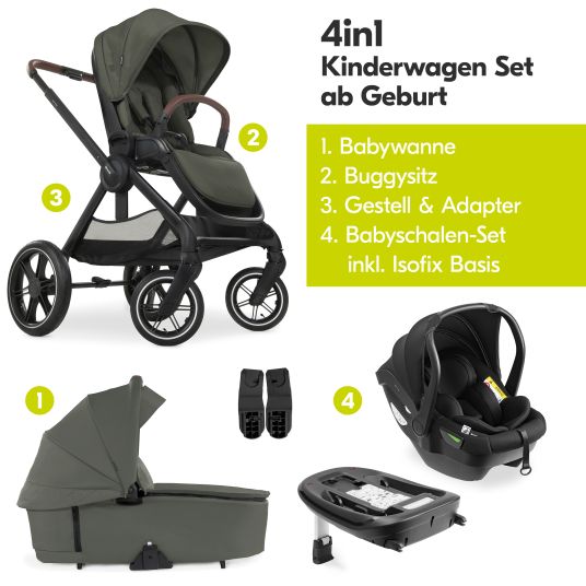 Hauck Set di passeggini 4in1 Walk N Care Air Trio Set con seggiolino auto i-Size e base Isofix e set di accessori XXL - Oliva scura