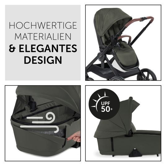 Hauck Set di passeggini 4in1 Walk N Care Air Trio Set con seggiolino auto i-Size e base Isofix e set di accessori XXL - Oliva scura