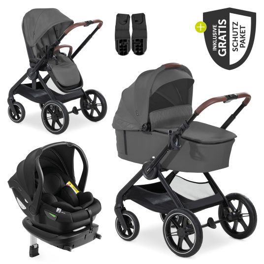 Hauck 4in1 stroller set Walk N Care Trio Set incl. i-Size infant car seat & Isofix Base & XXL accessory set - Dark Grey