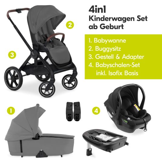 Hauck 4in1 Kinderwagen-Set Walk N Care Trio Set inkl. i-Size Babyschale & Isofix Base & XXL Zubehörset - Dark Grey