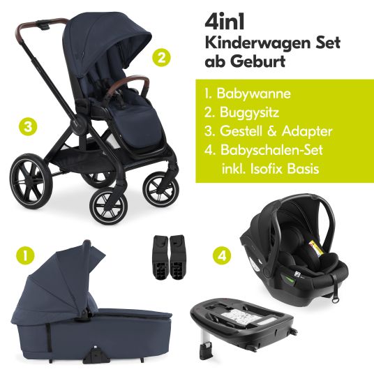 Hauck 4in1 Kinderwagen-Set Walk N Care Trio Set inkl. i-Size Babyschale & Isofix Base & XXL Zubehörset - Dark Navy Blue