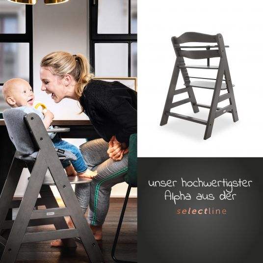 Hauck Alpha Charcoal Select Newborn Set - 4-tlg. Hochstuhl + Aufsatz & Wippe Premium (verstellbar) Nordic Grey + Sitzpolster