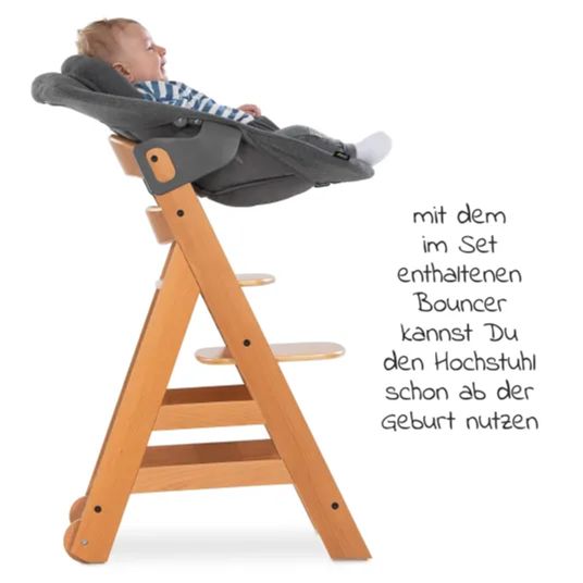 Hauck Alpha Move Natur 5-tlg. Newborn Set - Hochstuhl + 2in1 Neugeborenen-Aufsatz & Wippe + Essbrett + Hochstuhlauflage - Jersey Charcoal