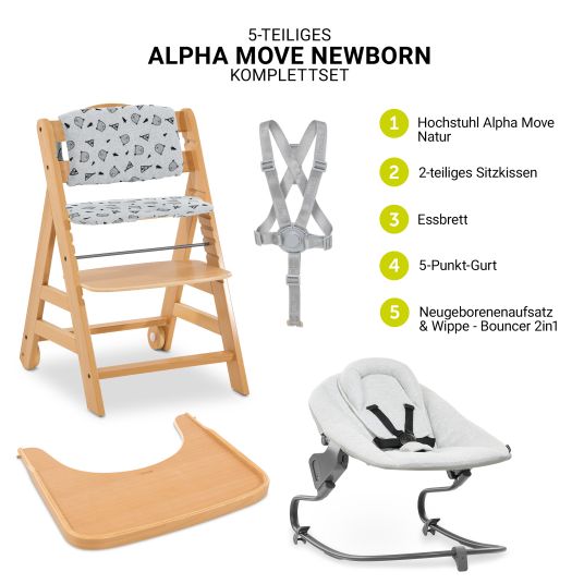 Hauck Alpha Move Natur 5-tlg. Newbornset Light Grey - Hochstuhl + Neugeborenenaufsatz & Wippe + Essbrett + Sitzkissen Nordic Grey