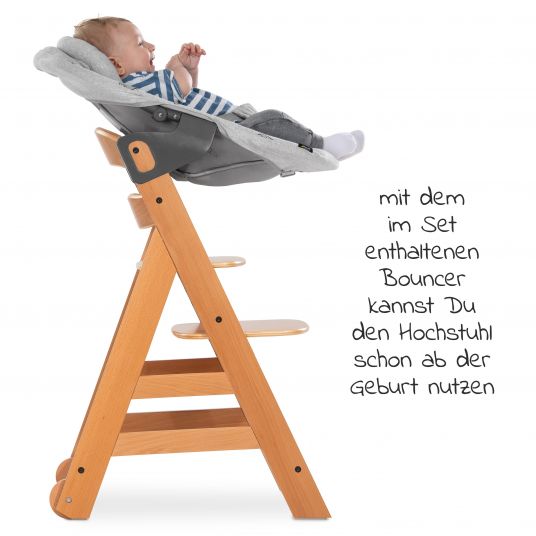 Hauck Alpha Move Natur Newborn Set - 5-tlg. Hochstuhl + Aufsatz & Wippe Premium, Essbrett, Sitzkissen - Nordic Grey