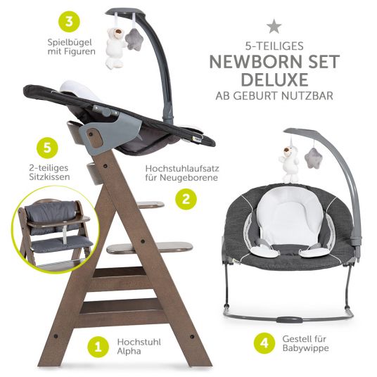 Hauck Alpha Plus Charcoal Newborn Set Deluxe - 4-piece high chair + 2in1 newborn insert (adjustable) + seat cushion