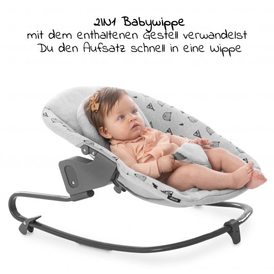Hauck Alpha Plus Grau Newborn Set - 4-tlg. Hochstuhl + Aufsatz & Wippe Premium Nordic Grey + Sitzpolster
