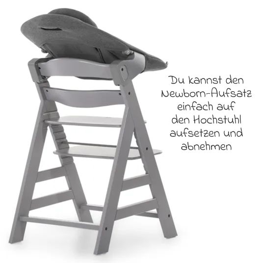 Hauck Alpha Plus Grey 4-tlg. Newborn Set - Hochstuhl + 2in1 Neugeborenen-Aufsatz & Wippe + Hochstuhlauflage - Jersey Charcoal