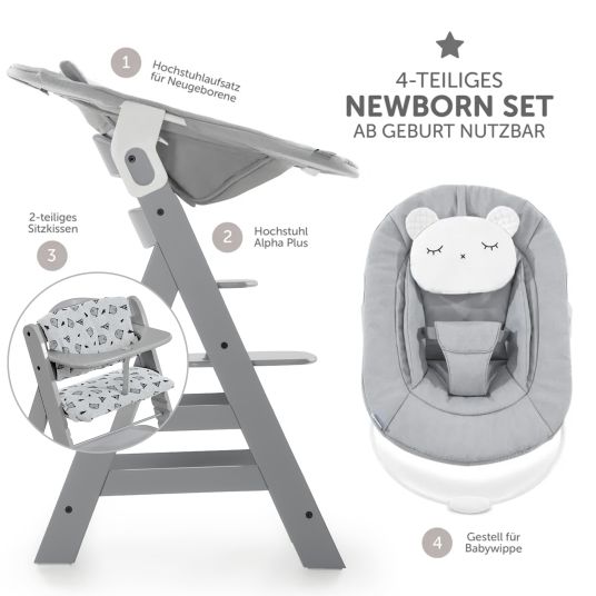 Hauck Alpha Plus Grey 4-tlg. Newborn Set Pastell Bear - Hochstuhl + Neugeborenenaufsatz & Wippe + Sitzkissen Nordic Grey