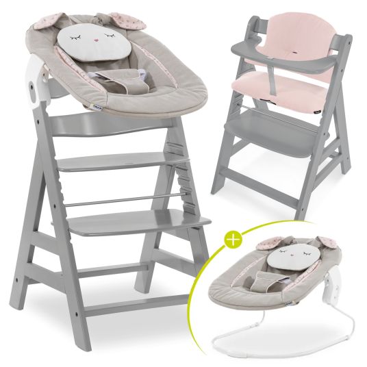 Hauck Alpha Plus Grey 4-piece Newborn Set Powder Bunny - highchair + newborn attachment & bouncer + seat cushion Muslin Mineral Rose