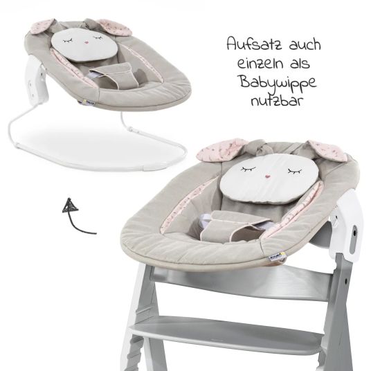 Hauck Alpha Plus Grey 4-tlg. Newborn Set Powder Bunny - Hochstuhl + Neugeborenenaufsatz & Wippe + Sitzkissen Muslin Mineral Rose