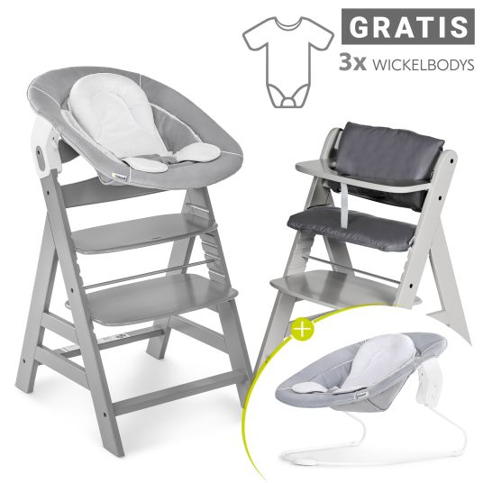 Hauck Alpha Plus Grey 7-tlg. Newborn Set - Hochstuhl + 2in1 Neugeborenen-Aufsatz & Wippe + Sitzpolster + GRATIS Wickelbody 3er Pack - Stretch Grey