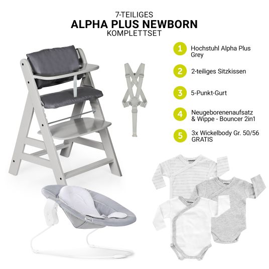 Hauck Alpha Plus Grey 7-tlg. Newborn Set - Hochstuhl + 2in1 Neugeborenen-Aufsatz & Wippe + Sitzpolster + GRATIS Wickelbody 3er Pack - Stretch Grey