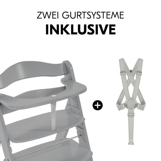 Hauck Alpha Plus Grey 7-tlg. Newborn Set - Hochstuhl + 2in1 Neugeborenen-Aufsatz & Wippe + Sitzpolster + GRATIS Wickelbody 3er Pack - Stretch Grey