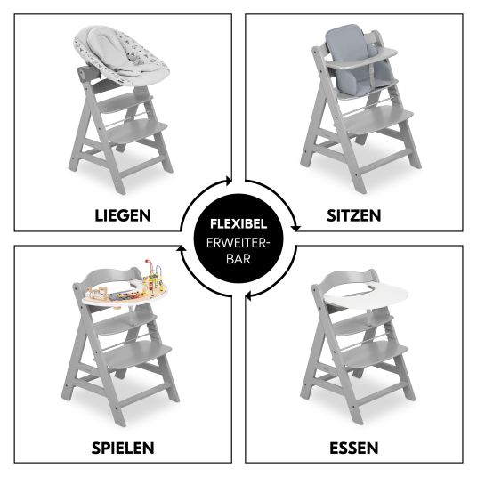 Hauck Alpha Plus Grey 7-tlg. Newborn Set - Hochstuhl + 2in1 Neugeborenen-Aufsatz & Wippe + Sitzpolster + GRATIS Wickelbody 3er Pack - Stretch Grey