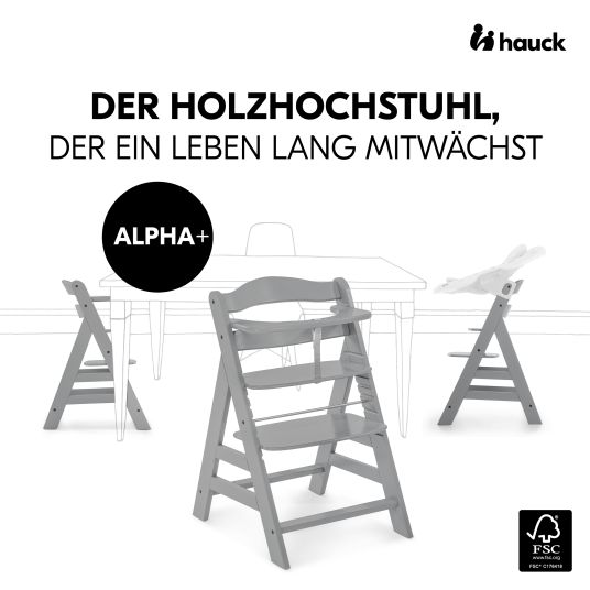 Hauck Alpha Plus Grey 7-tlg. Newborn Set - Hochstuhl + 2in1 Neugeborenen-Aufsatz & Wippe + Sitzpolster + GRATIS Wickelbody 3er Pack - Stretch Grey