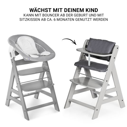 Hauck Alpha Plus Grey 7-tlg. Newborn Set - Hochstuhl + 2in1 Neugeborenen-Aufsatz & Wippe + Sitzpolster + GRATIS Wickelbody 3er Pack - Stretch Grey