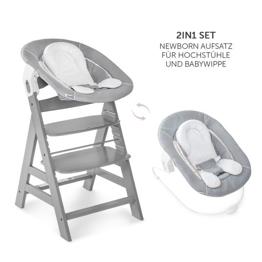 Hauck Alpha Plus Grey 7-tlg. Newborn Set - Hochstuhl + 2in1 Neugeborenen-Aufsatz & Wippe + Sitzpolster + GRATIS Wickelbody 3er Pack - Stretch Grey