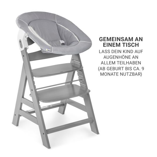 Hauck Alpha Plus Grey 7-tlg. Newborn Set - Hochstuhl + 2in1 Neugeborenen-Aufsatz & Wippe + Sitzpolster + GRATIS Wickelbody 3er Pack - Stretch Grey