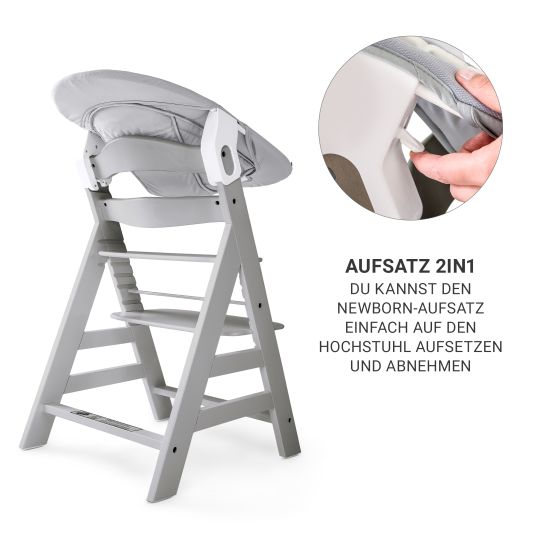 Hauck Alpha Plus Grey 7-tlg. Newborn Set - Hochstuhl + 2in1 Neugeborenen-Aufsatz & Wippe + Sitzpolster + GRATIS Wickelbody 3er Pack - Stretch Grey