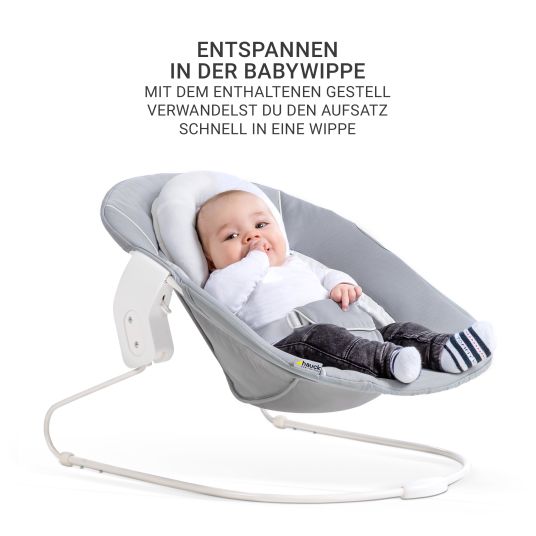 Hauck Alpha Plus Grey 7-tlg. Newborn Set - Hochstuhl + 2in1 Neugeborenen-Aufsatz & Wippe + Sitzpolster + GRATIS Wickelbody 3er Pack - Stretch Grey