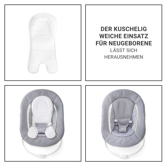 Hauck Alpha Plus Grey 7-tlg. Newborn Set - Hochstuhl + 2in1 Neugeborenen-Aufsatz & Wippe + Sitzpolster + GRATIS Wickelbody 3er Pack - Stretch Grey