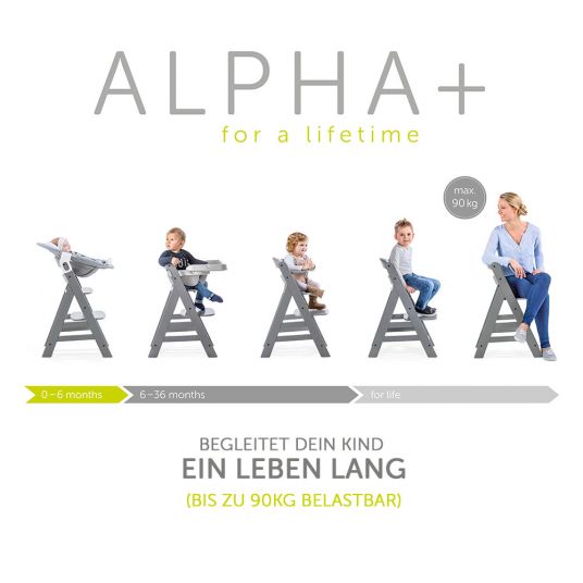 Hauck Alpha Plus Grey Newborn Set - 4-tlg. Hochstuhl + Neugeboreneneinsatz & Wippe Stretch Grey + Sitzpolster