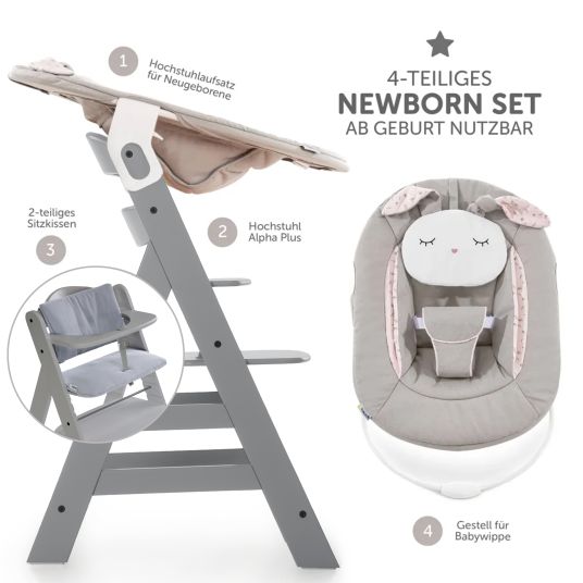 Hauck Alpha Plus Grey 4-tlg. Newborn Set Powder Bunny - Hochstuhl + Neugeborenenaufsatz + Sitzkissen Grau