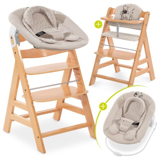 Hauck Alpha Plus Natur 4-tlg. Newborn Set Disney Pooh - Hochstuhl + Neugeboreneneinsatz & Wippe + Sitzpolster