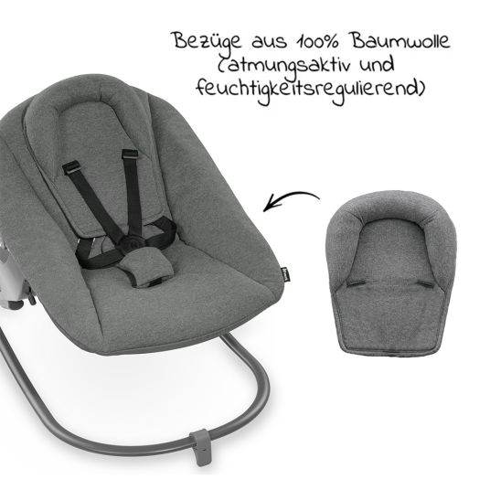 Hauck Alpha Plus Nature 4-piece Newborn Set - Highchair + 2in1 Newborn Attachment & Rocker + Highchair Cushion - Jersey Charcoal