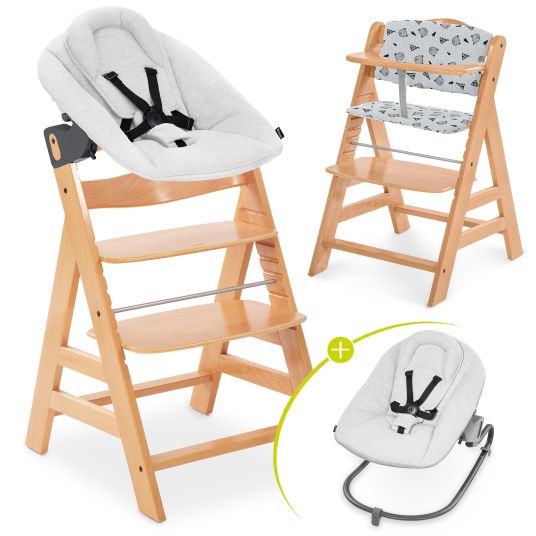 Hauck Alpha Plus Nature 4-piece newborn set Light Grey - high chair + newborn attachment & rocker + Nordic Grey seat cushion