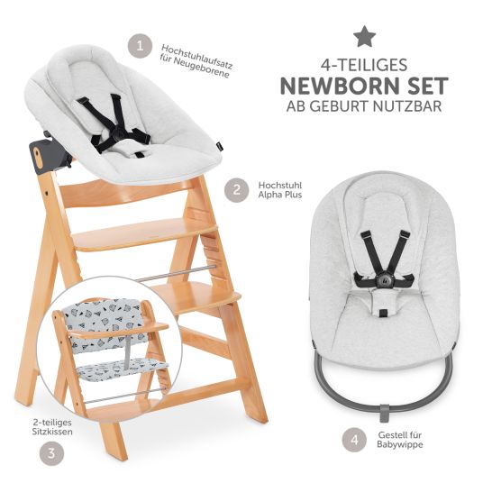 Hauck Alpha Plus Nature 4-piece newborn set Light Grey - high chair + newborn attachment & rocker + Nordic Grey seat cushion