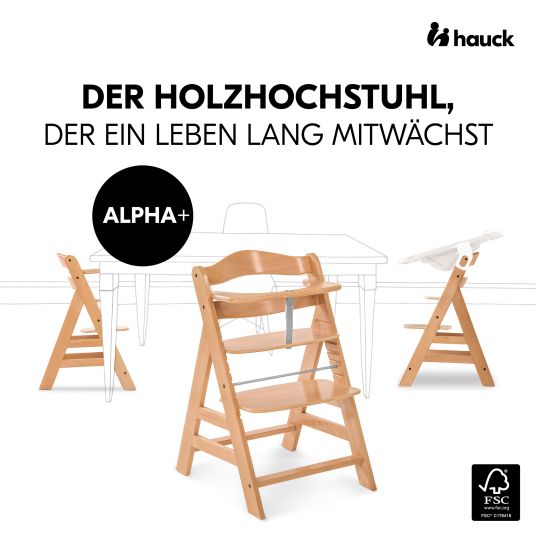 Hauck Alpha Plus Natur 4-tlg. Newbornset Light Grey - Hochstuhl + Neugeborenenaufsatz & Wippe + Sitzkissen Nordic Grey