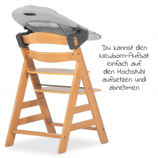 Hauck Alpha Plus Natur Newborn Set - 4-tlg. Hochstuhl + Aufsatz & Wippe Premium Nordic Grey + Sitzpolster