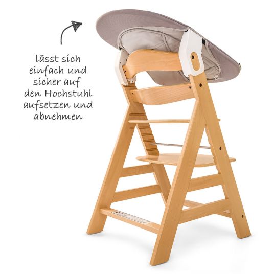 Hauck Alpha Plus Natur Newborn Set - 4-tlg. Hochstuhl + Neugeborenenaufsatz & Wippe Stretch Beige + Sitzkissen