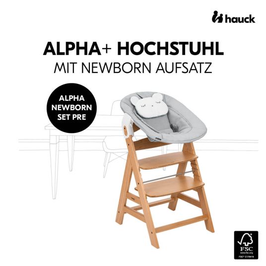 Hauck Alpha Plus Nature Grey Newborn Set - Hochstuhl + Neugeborenenaufsatz - Pastell Bear