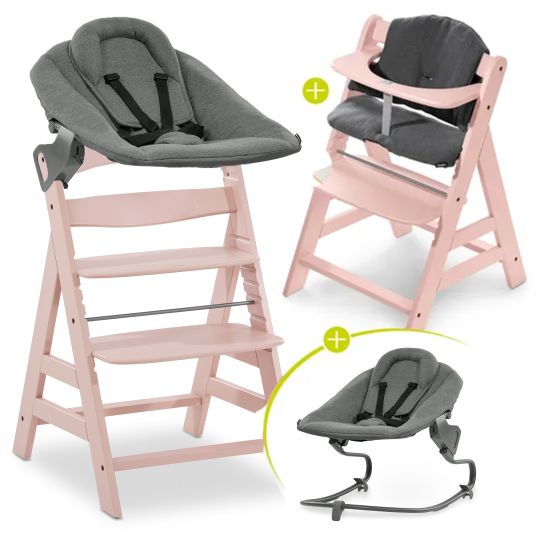 Hauck Alpha Plus Rose 4-piece newborn set - highchair + 2in1 newborn attachment & bouncer + highchair pad - Jersey Charcoal