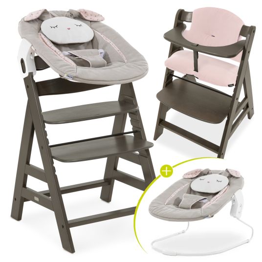 Hauck Alpha Plus Select Charcoal Newborn Set Powder Bunny - 4-piece highchair + newborn attachment + seat cushion Muslin Mineral Rose