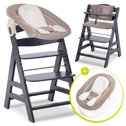 Hauck Alpha Plus Select Dark Grey 4-piece Newborn Set Deluxe - Highchair + 2in1 Baby Attachment & Rocker + Seat Cushion - Stretch Beige